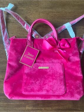 NWT Juicy Couture Vibrant Pink Velvet Tote with Bow Accent and Backpack Straps